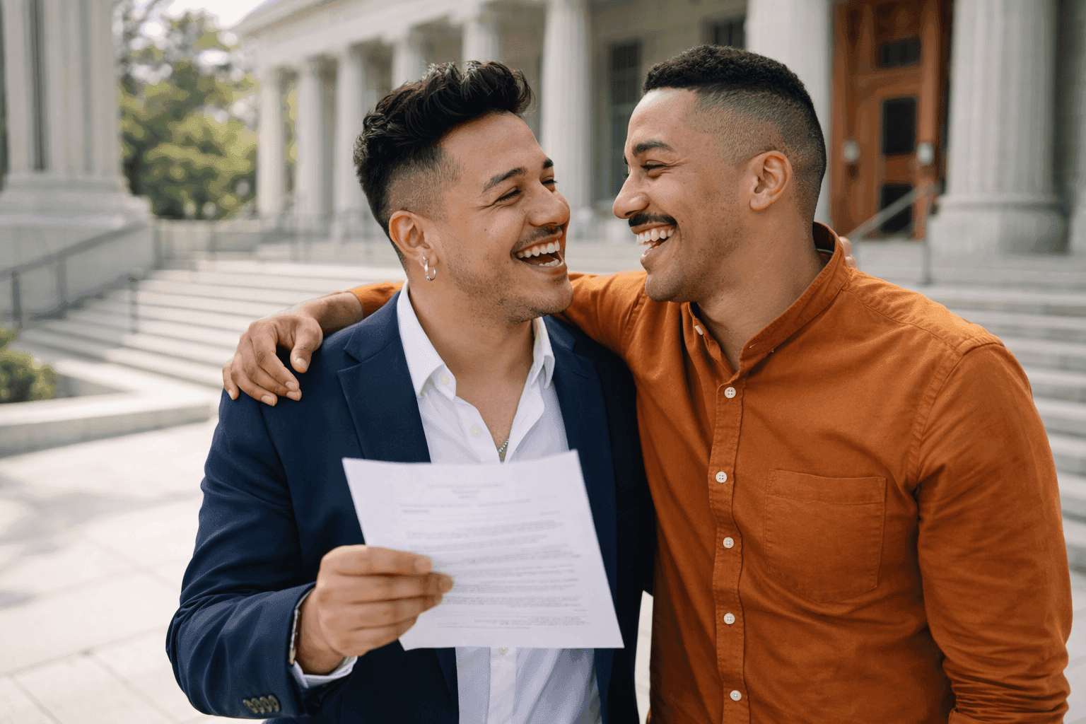 Two smiling men, one holding a document, standing arm-in-arm on the steps of a courthouse, suggesting a joyous legal event or celebration, such as a wedding or partnership registration.