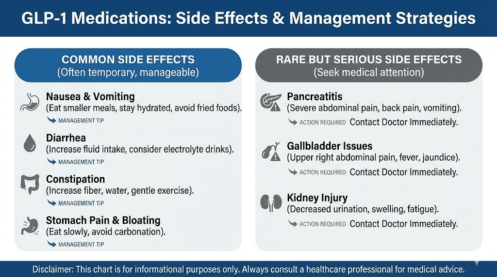 GLP-1 medication side effects chart with management tips
