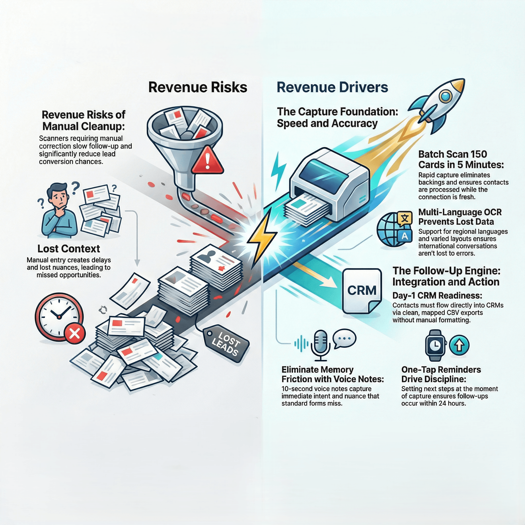Illustration highlighting how Habsy differs from basic business card scanners by focusing on workflow and follow-up.