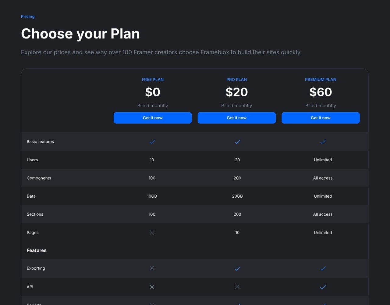 Framer Dark Pricing Section - Frameblox UI