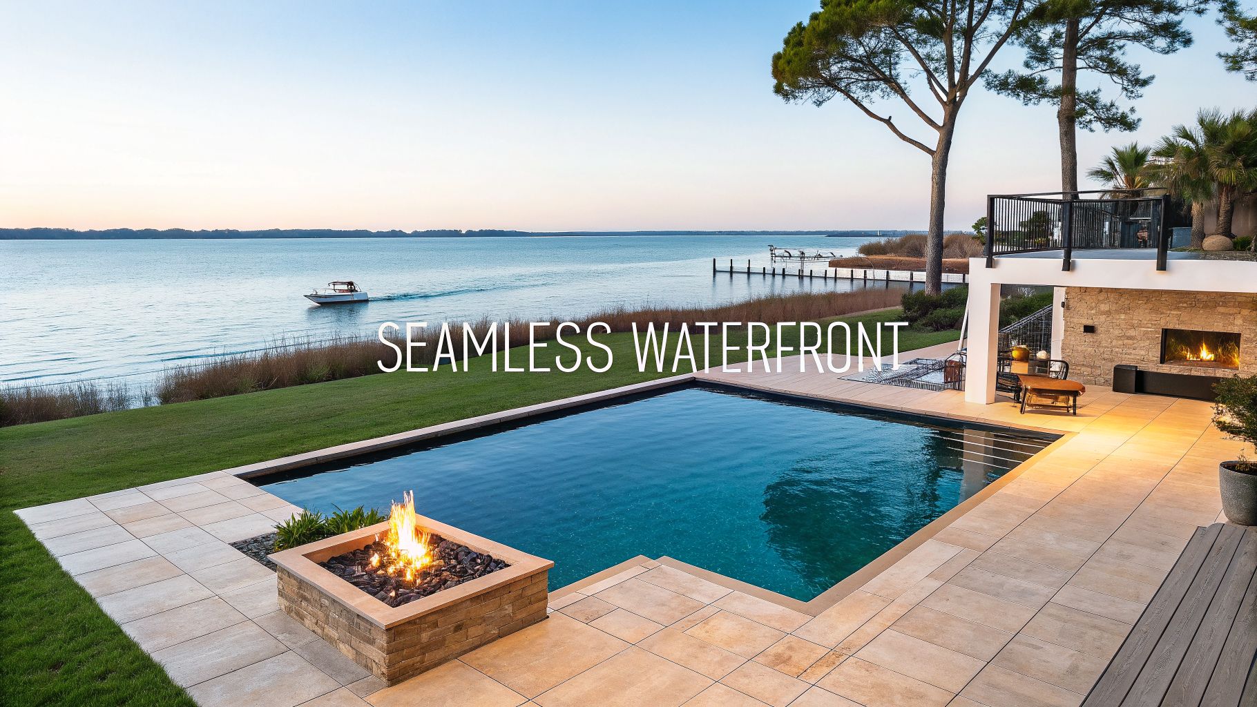 Elegant waterfront residence featuring an outdoor pool, stone fire pit, and expansive water views.