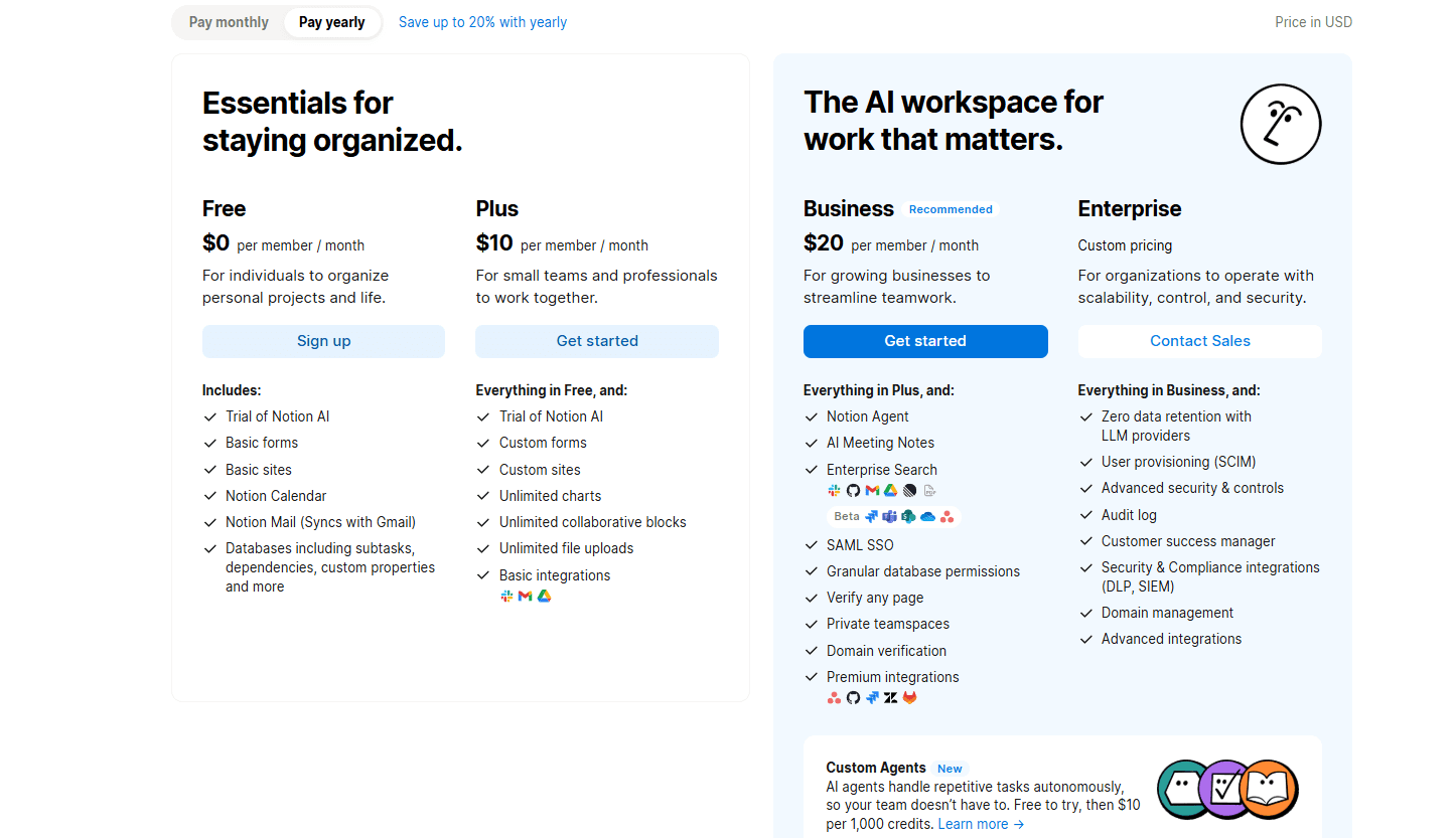 Notion pricing page