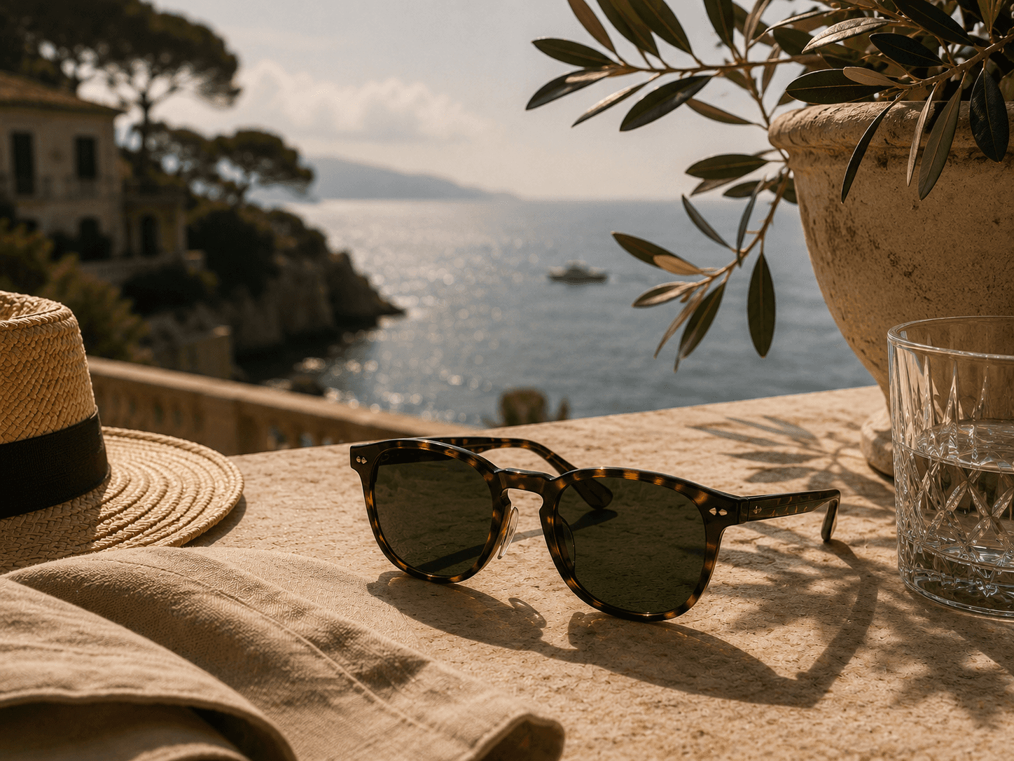Close-up of men's classic tortoiseshell round sunglasses with dark lenses resting on a sunlit stone ledge alongside a straw fedora hat, a crystal water glass, and a potted olive plant, overlooking a scenic Mediterranean coastline with the blue sea and a distant yacht.