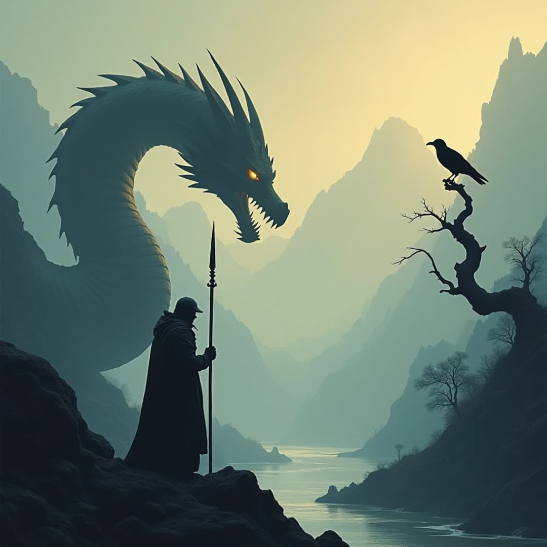 ein soldat mit einem speer, im hintergrund ist ein drache, zeichnung