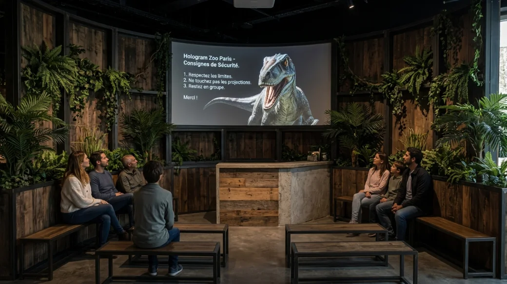 Des visiteurs attentifs regardent un hologramme de dinosaure sur grand écran, dans une salle immersive décorée de plantes.