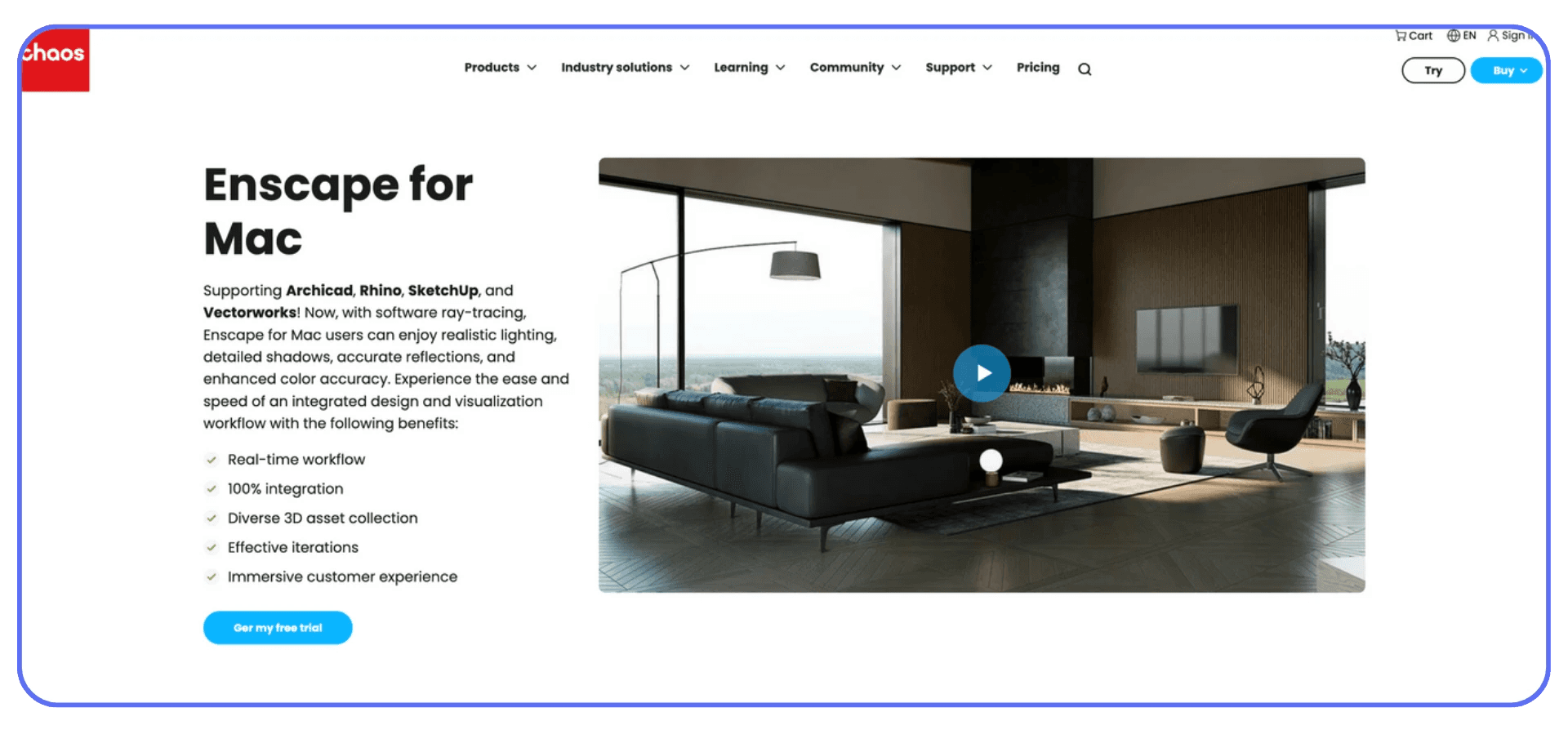 Enscape for Mac promotional webpage showing a modern interior render and feature list including real-time workflow, integration, and 3D asset support.