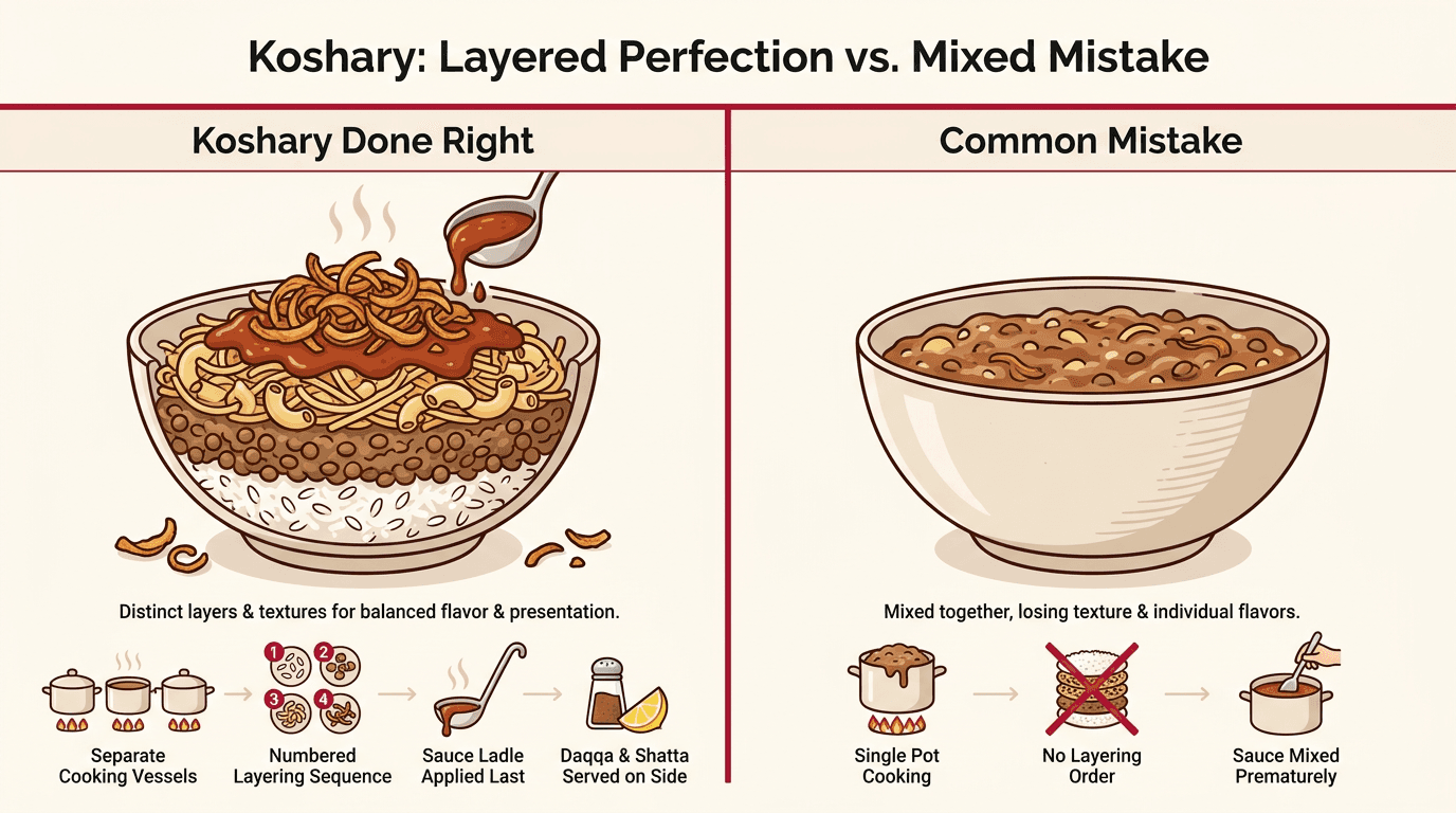 Side-by-side infographic comparing correctly layered koshary versus single-pot cooking mistake