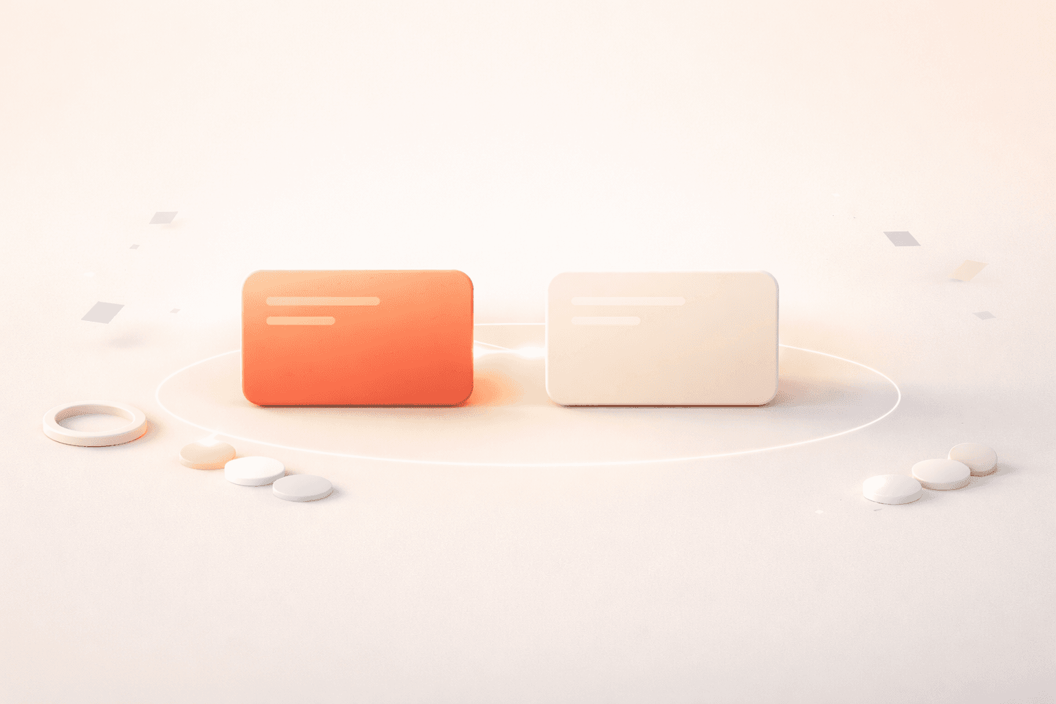 Minimalistische 3D-Illustration von zwei nebeneinanderliegenden Fokuskarten: Eine korallorangefarbene Karte und eine helle Karte sind durch einen sanften Lichtbogen verbunden. Um sie herum liegen dezente Aufgabenelemente und ein Timer-Ring, während verblassende Fragmente Ablenkungen im Hintergrund darstellen. Warmes, cremefarbenes Farbschema mit viel Freiraum und weichen Schatten.