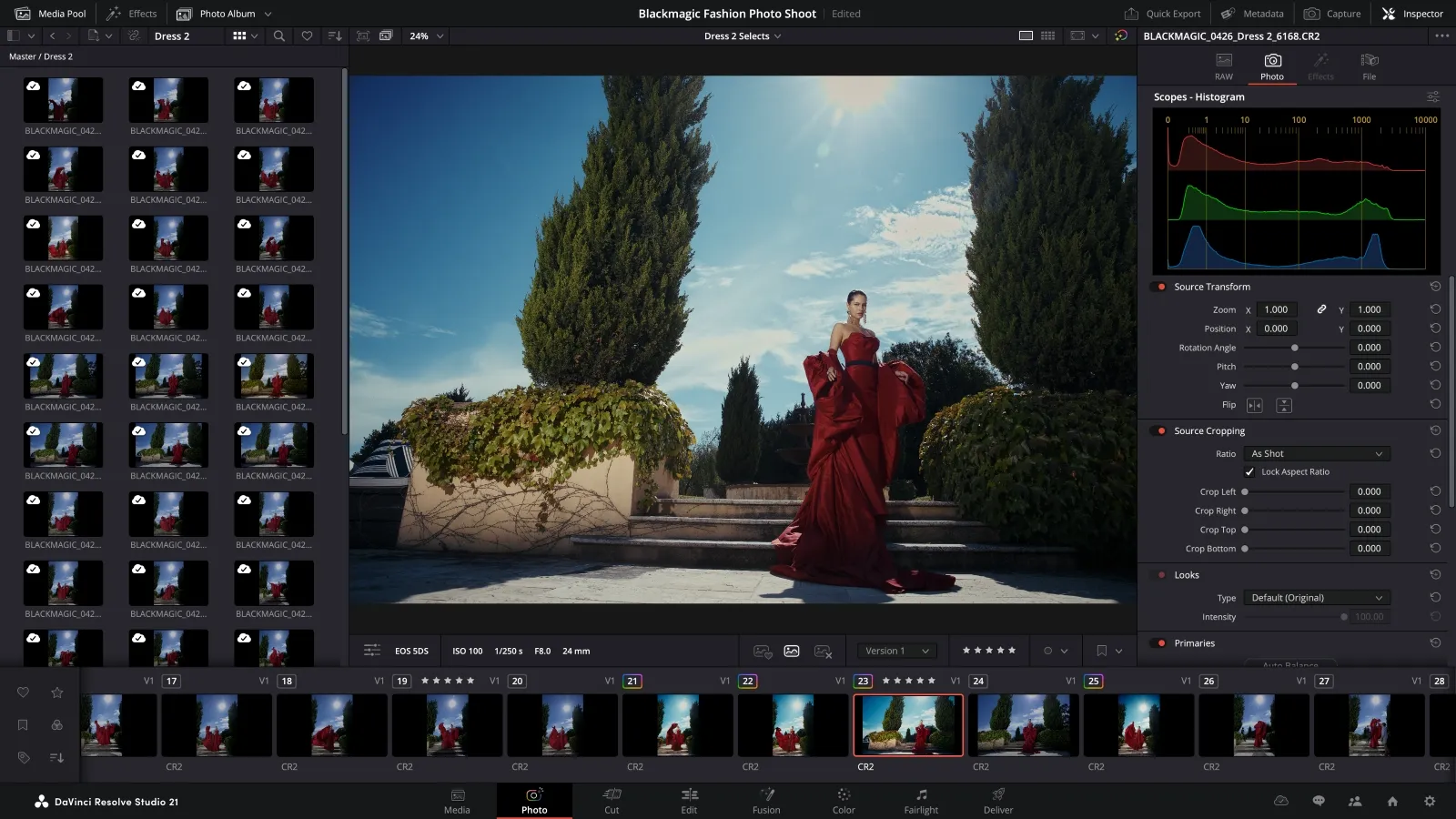 A person in a striking red gown poses elegantly on a grand outdoor staircase surrounded by lush greenery, captured in a photo editing software interface with various image adjustments visible.