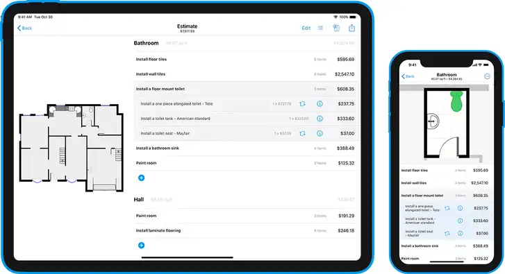 magic plan estimator feature displaying project cost calculations on tablet and mobile
