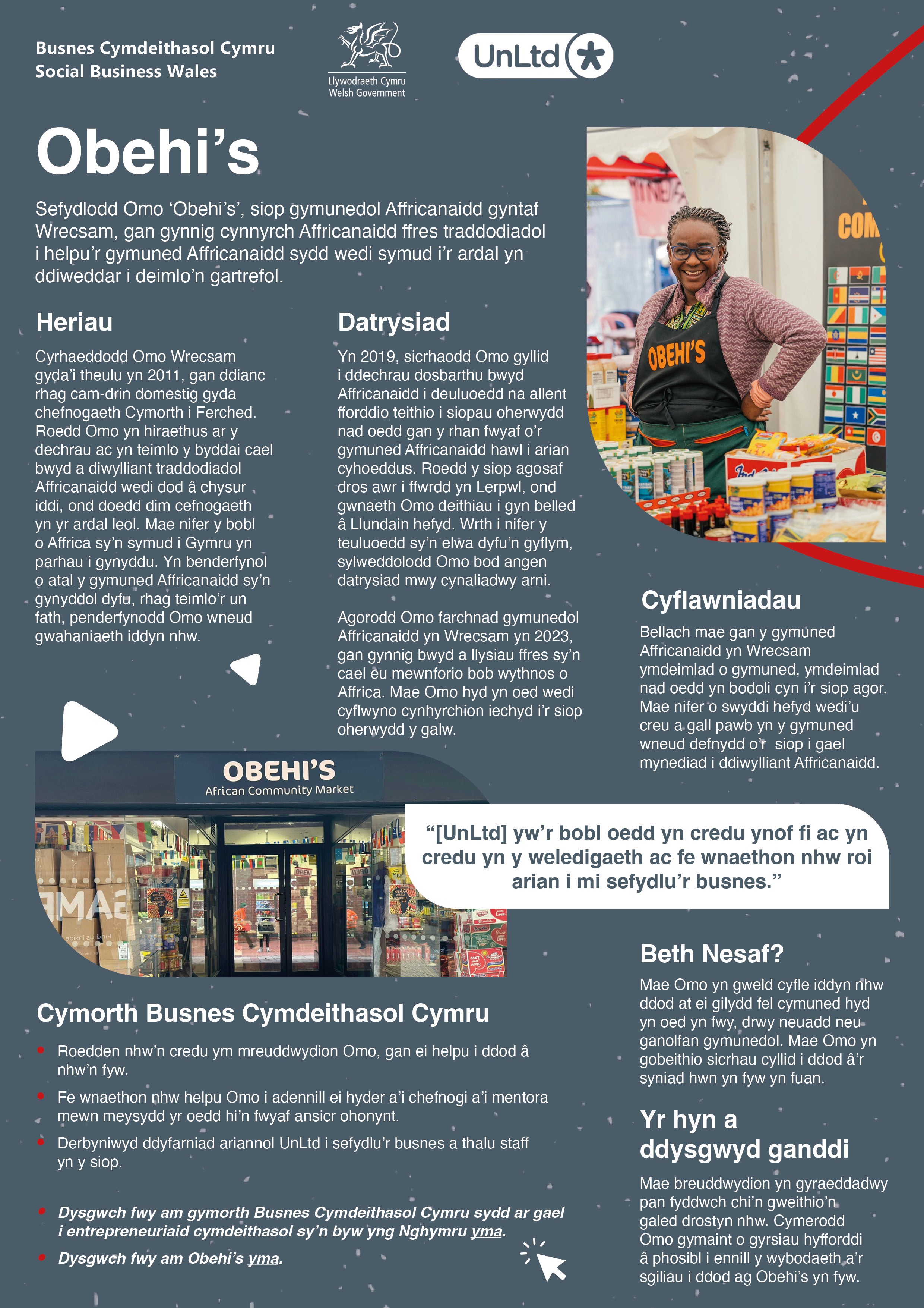 A mainly grey case study for UnLtd with accents of red swirling lines, columns of text in Welsh and images of a smiling woman with food supplies and a shop front.