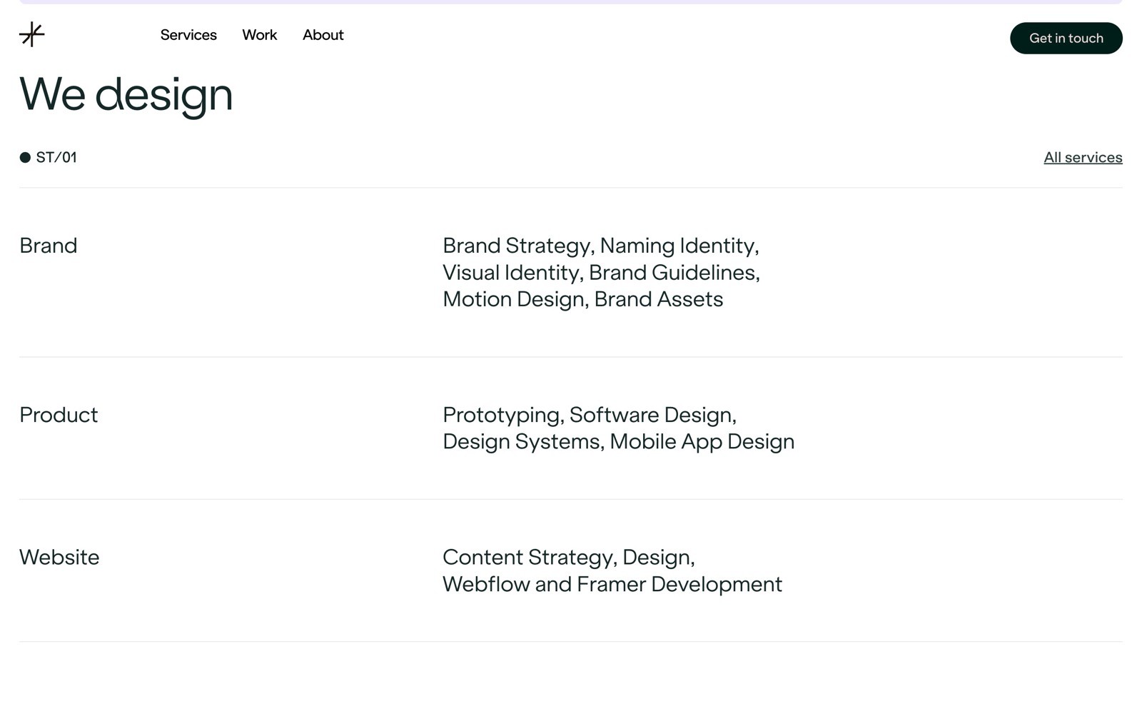Services listed under "Brand," "Product," and "Website" categories with various design offerings.