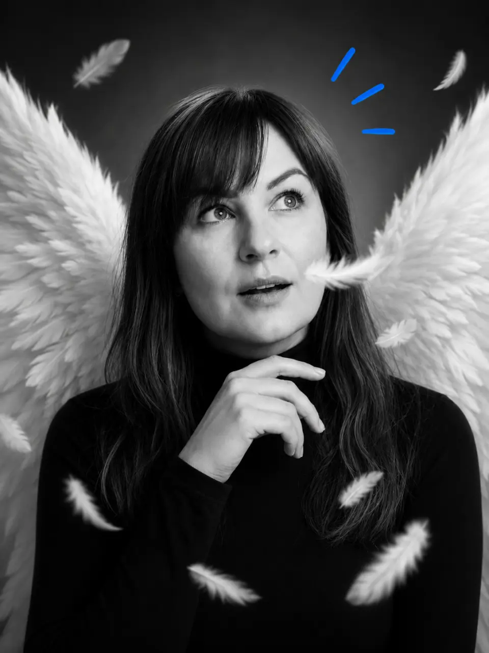 Portrait of a woman with white wings and a questioning look, illustrating classic advertising exaggeration in contrast to stricter green claims.