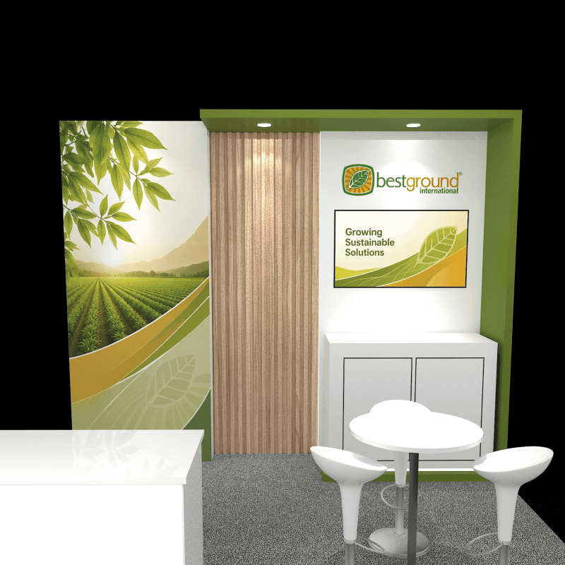 10x10 green product booth rental with screen content and lead capture
