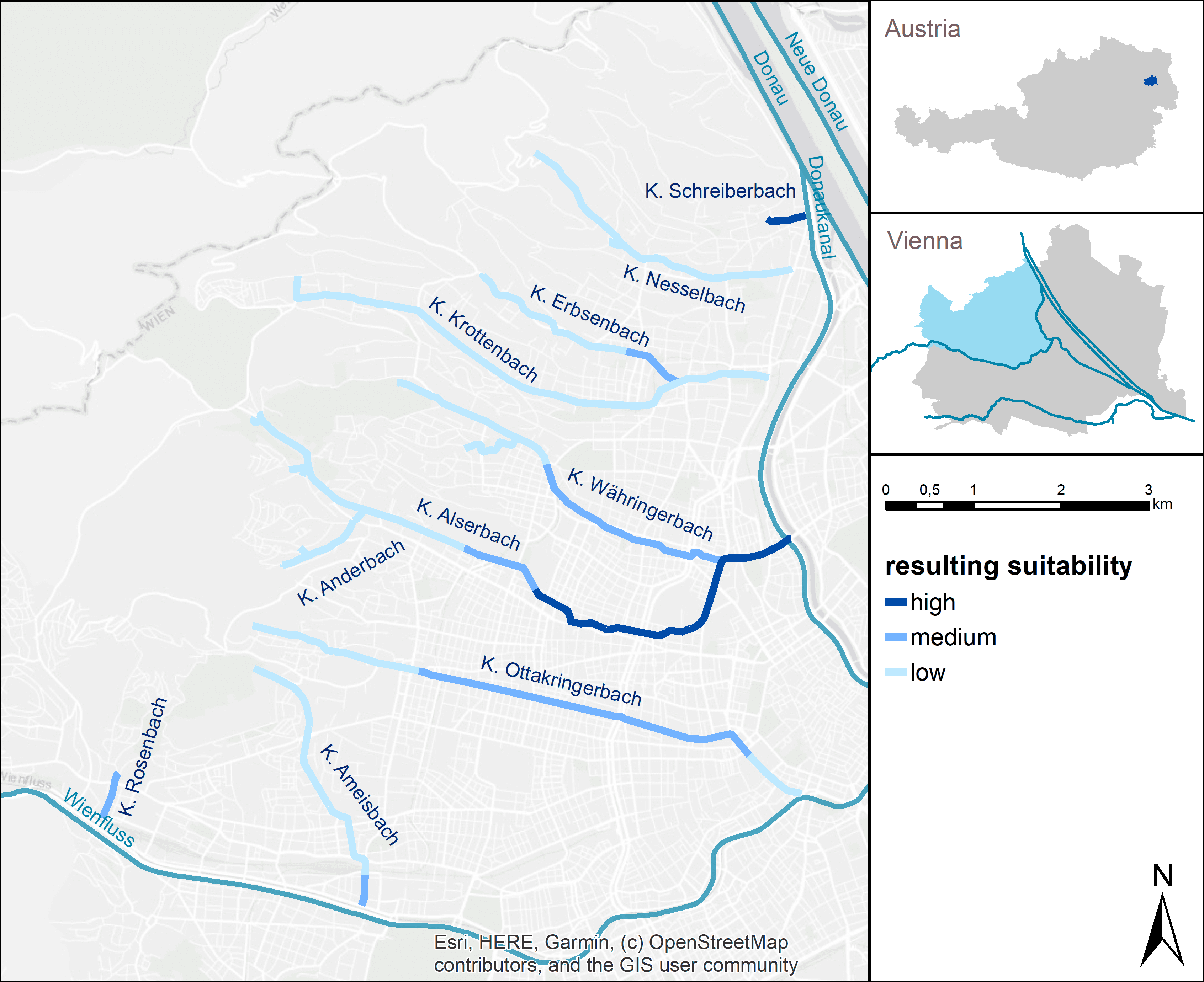 Map showing the resulting suitability (high, medium, low) along several streams (Krottenbach, Alserbach, Währingerbach, etc.) in Vienna, Austria, with inset maps showing regional context.