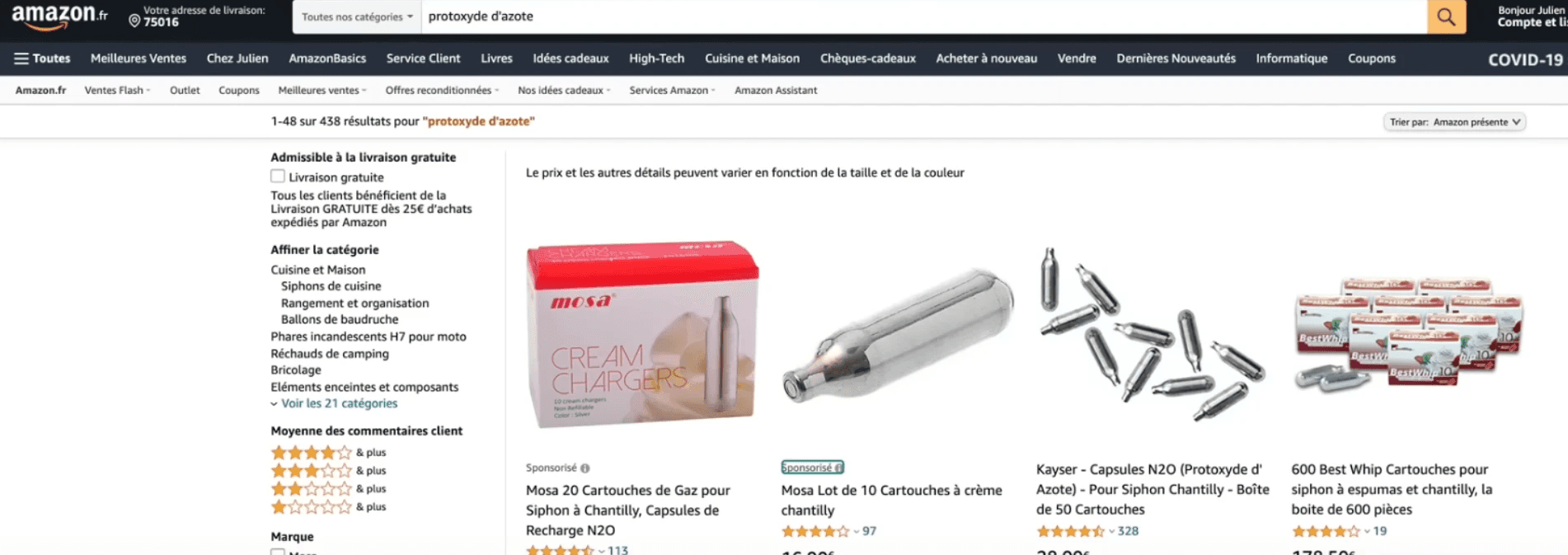 Protoxyde d'azote sur Amazon France