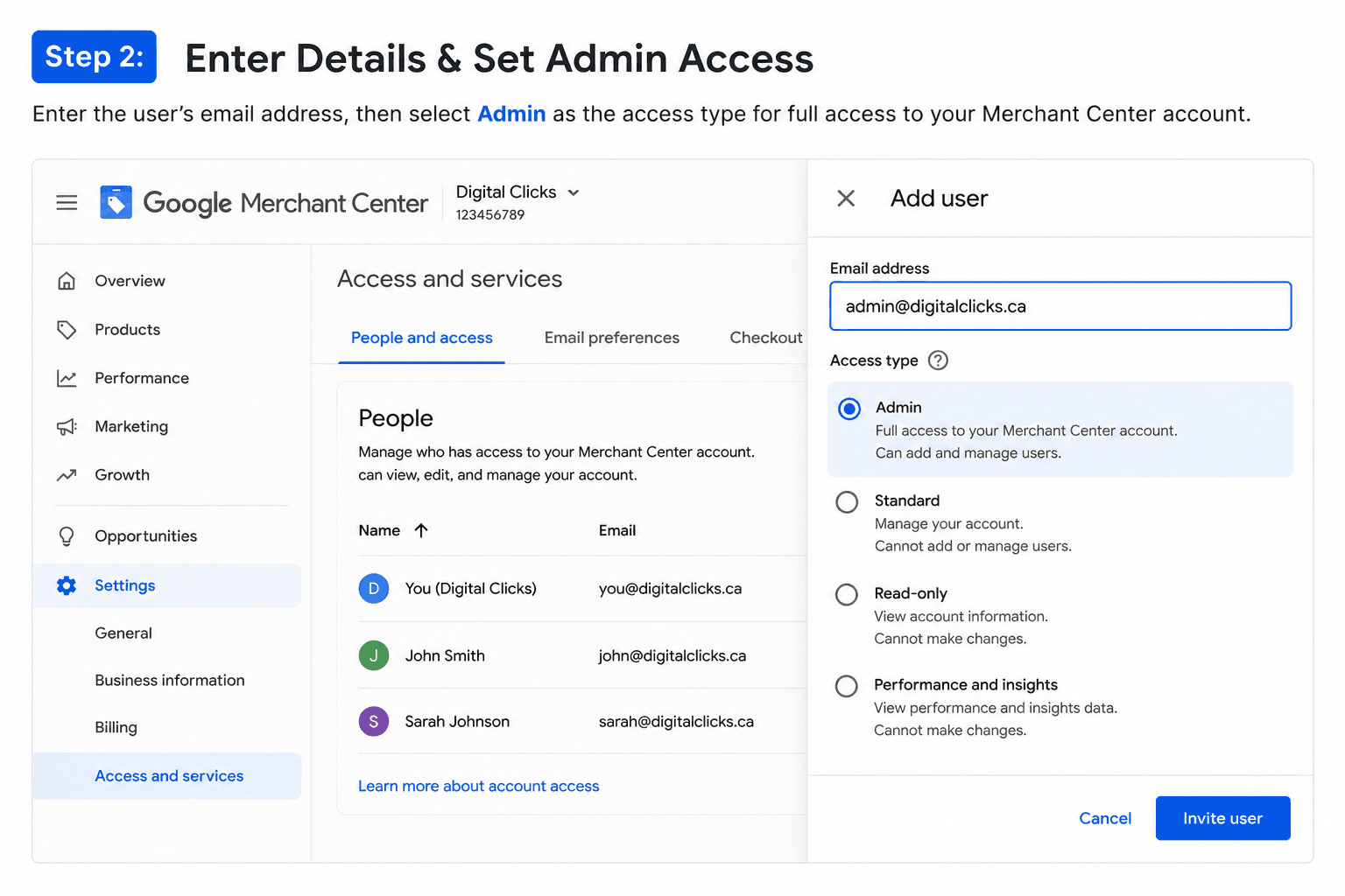 Google Merchant Center Add user screen with Digital Clicks email entered and Admin access selected.
