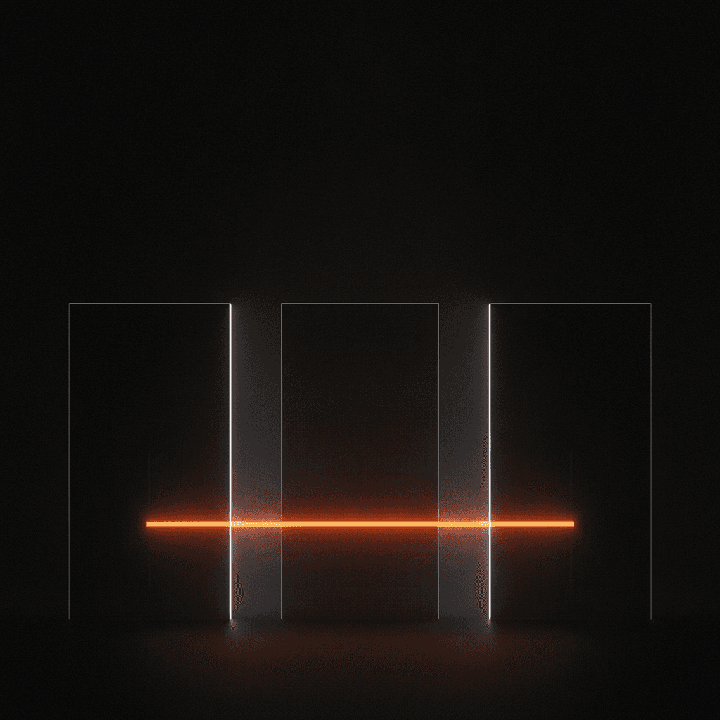 A single thin filament of orange light passing through three dark glass panels in deep shadow