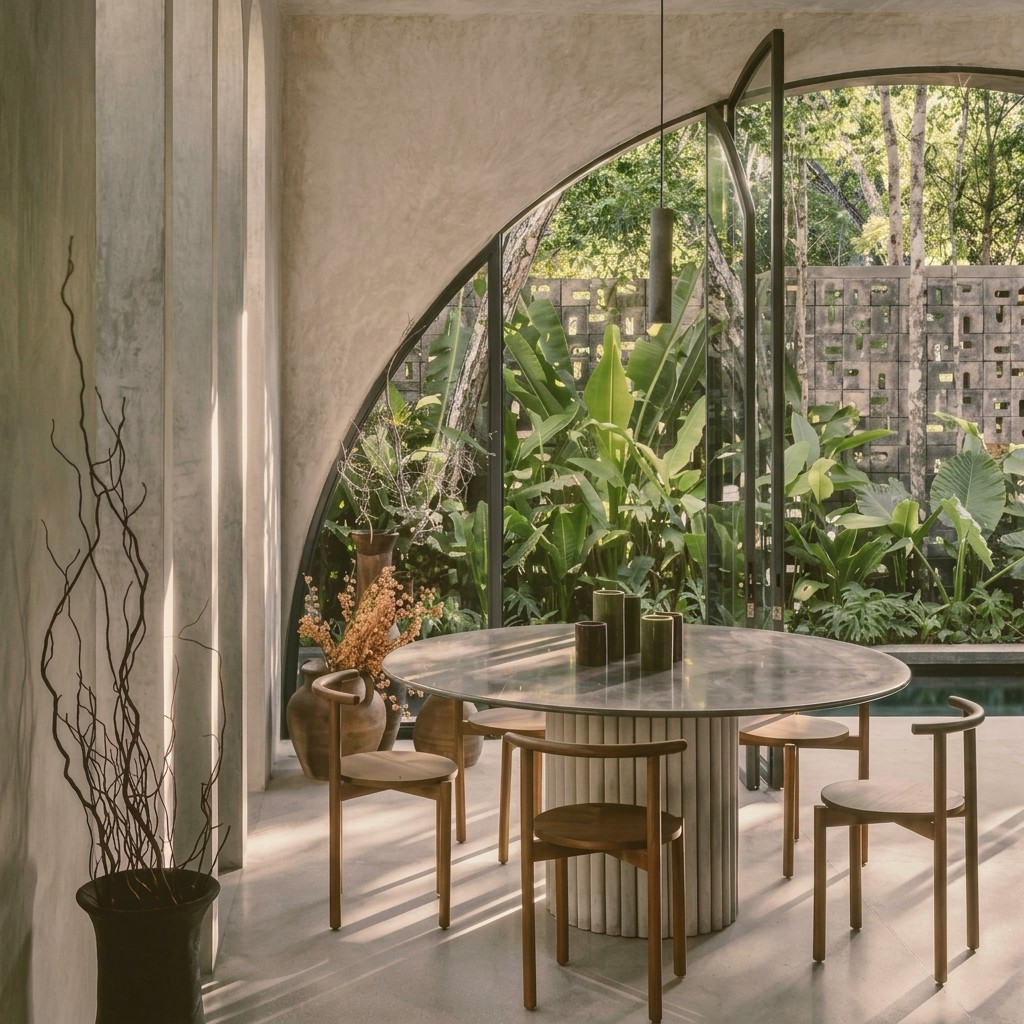 Tropical dining space featuring a round fluted table, wooden chairs, and a large arched glass wall facing lush greenery.