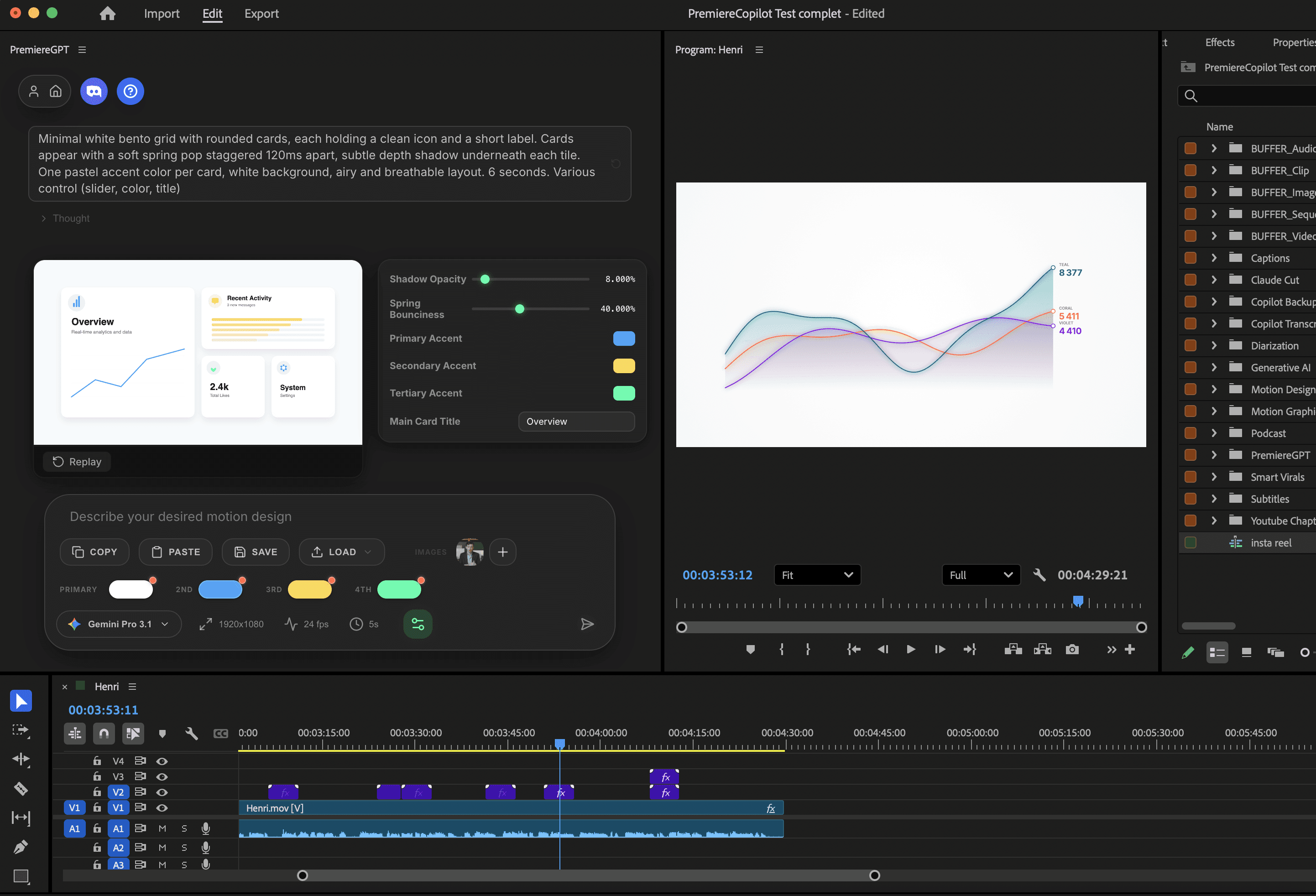 Demo of Premiere Copilot generating AI motion design inside Adobe Premiere Pro timeline.