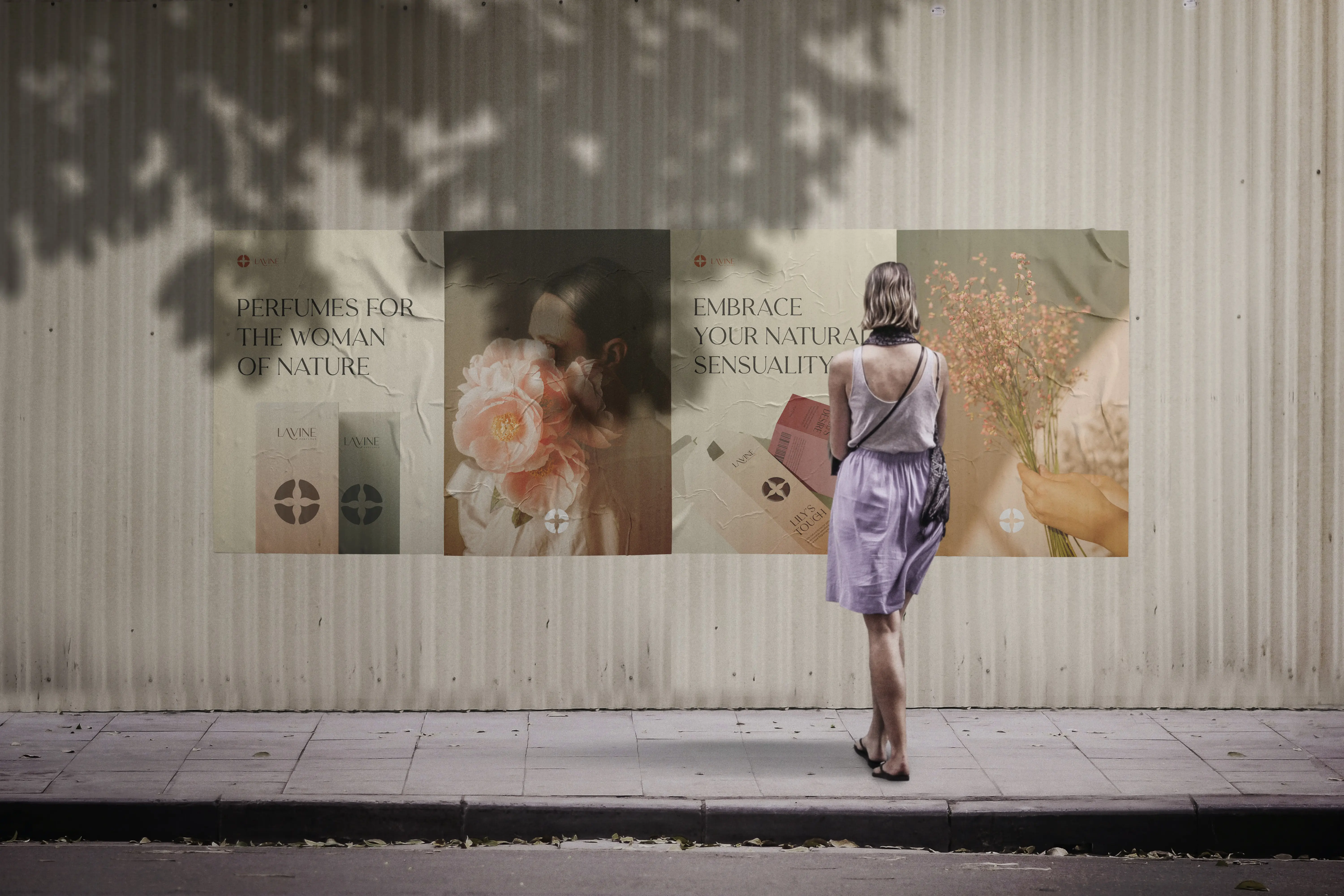 This image shows a woman with a flower on her cheek, symbolising where Lavine gets its fragrances from. Lavine's logo is on top.