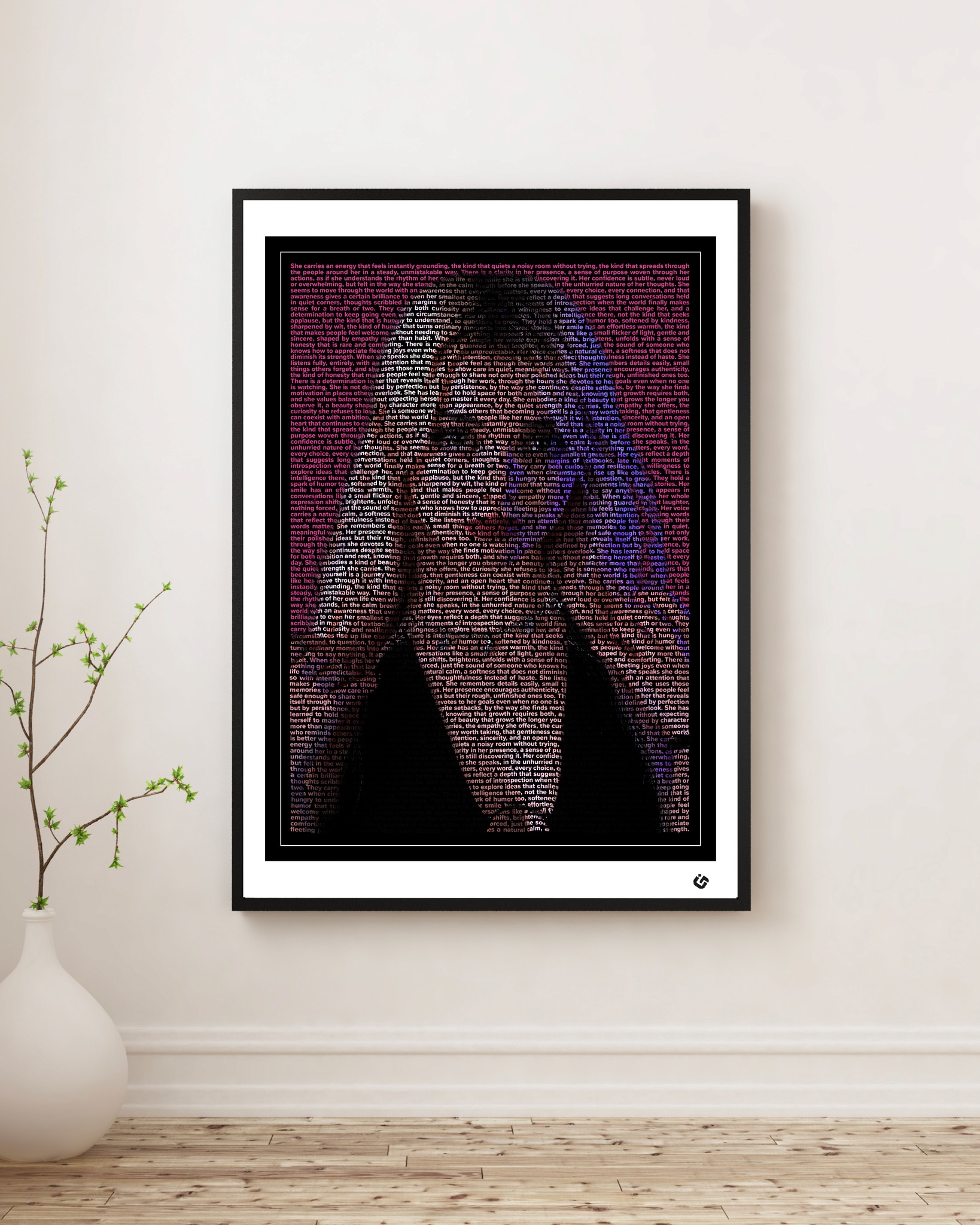 Custom text portrait of a woman smiling softly, her face and features formed entirely from meaningful words, framed with a thin white line, black border, and white mat designed by U-Go Experience