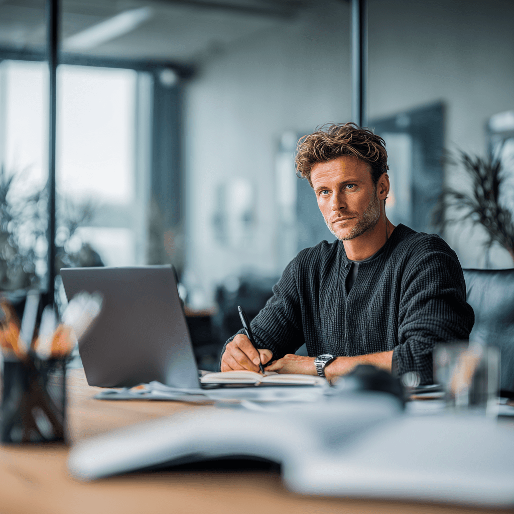 Man working on his laptop and doing studies