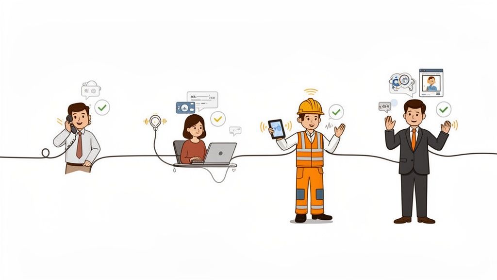 Diverse professionals demonstrating effective communication through phone, laptop, and digital devices.