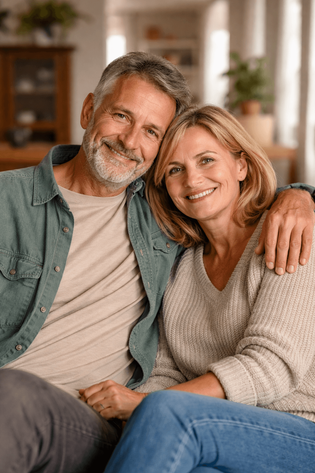 Glückliches Paar mittleren Alters auf dem Sofa zu Hause – Symbolbild für persönliche Kreditberatung, Finanzierung und finanzielle Sicherheit mit Kredit Lotsen.