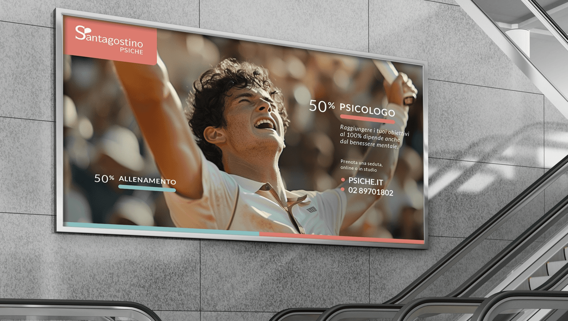 Santagostino Psiche digital screen advertising in Milan metro showing mental wellness messaging connecting physical training and psychological wellbeing with service accessibility - integrated offline-online campaign by Alessandro Brancati Marketing & Growth Studio