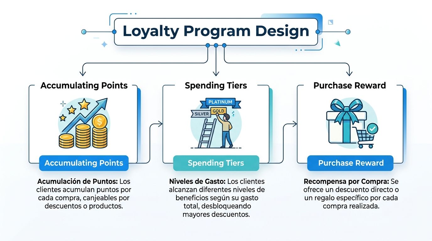 Diagrama que muestra tres estrategias de diseño de un programa de lealtad para clientes