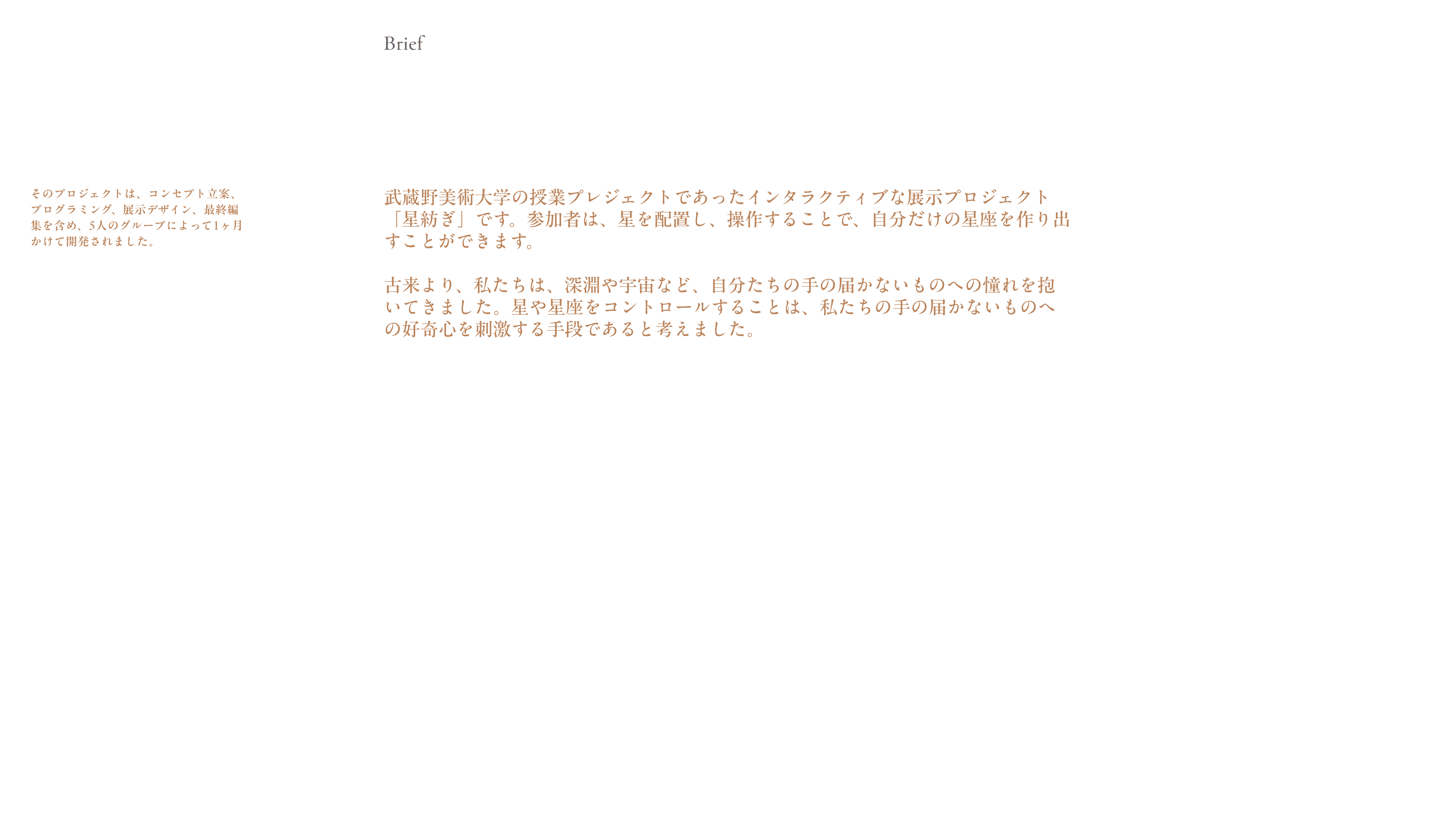 そのプロジェクトは、コンセプト立案、プログラミング、展示デザイン、最終編集を含め、5人のグループによって1ヶ月かけて開発されました。