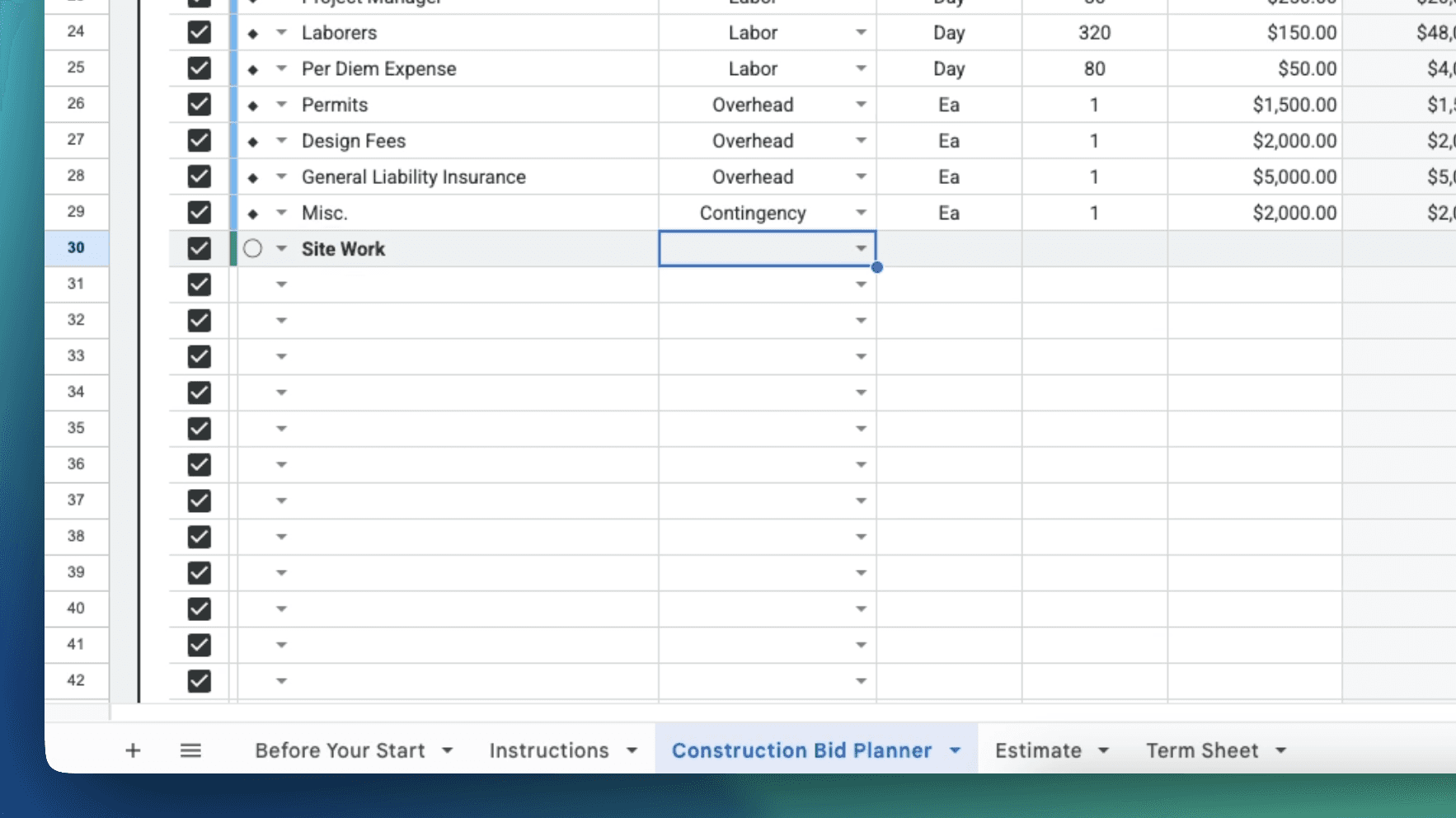 Construction Bid Template input table in Google Sheets – customizable categories dropdowns for General Conditions, Site Work, Concrete bids, Permits, and labor items with print checkboxes