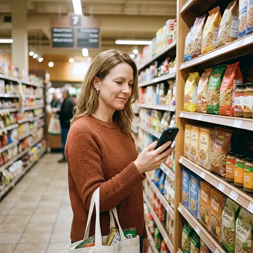 A woman checks her phone in a Coles aisle while browsing packaged goods. Use Whisprice to see the Coles price history before you buy and find out if a promotion is a real deal.