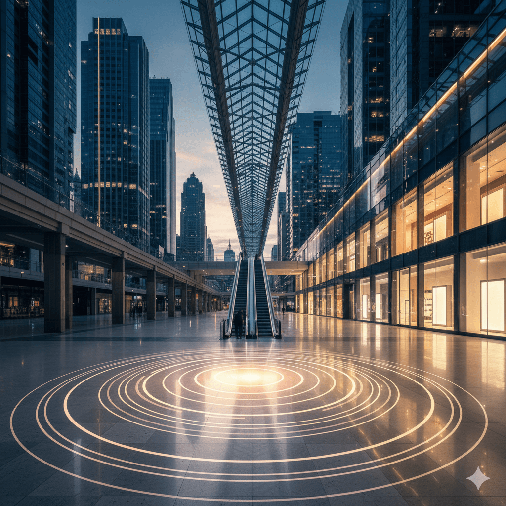 Abstract light pattern indicating massive customer reach and high footfall potential for the retail center near Dwarka