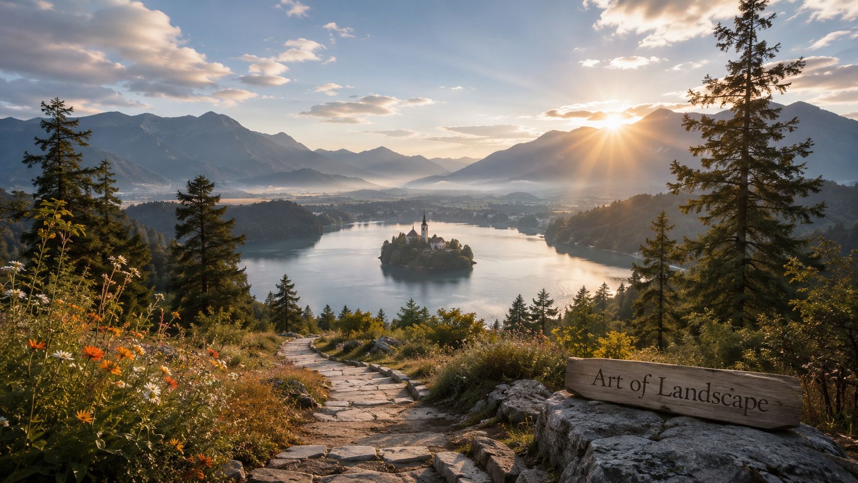 A breathtaking sunrise over Lake Bled with a church on an island, framed by mountains and trees.