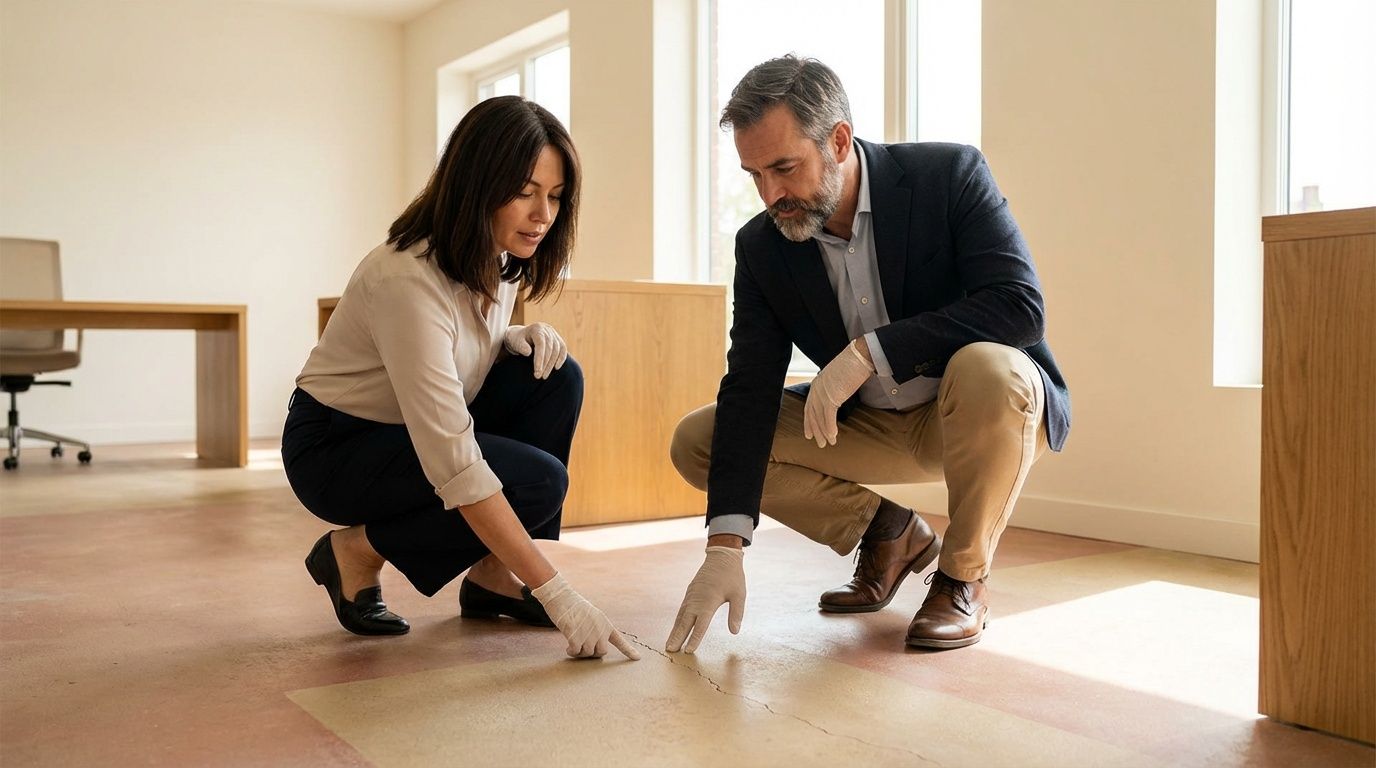 Dos inspectores con guantes examinan una grieta en el suelo, evaluando posibles daños en un edificio.