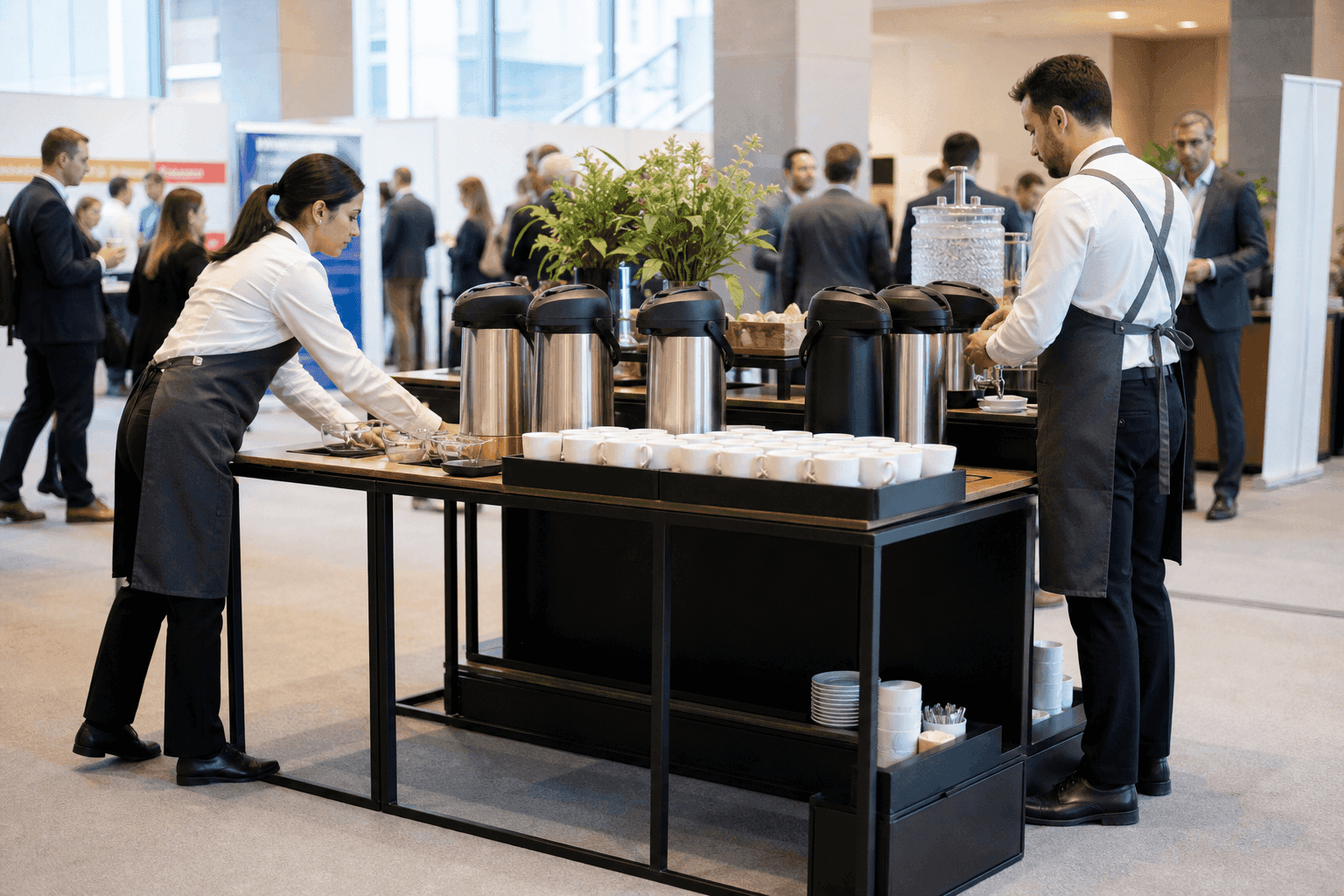 Equipe de catering montando mesa de welcome coffee corporativo em lobby de evento