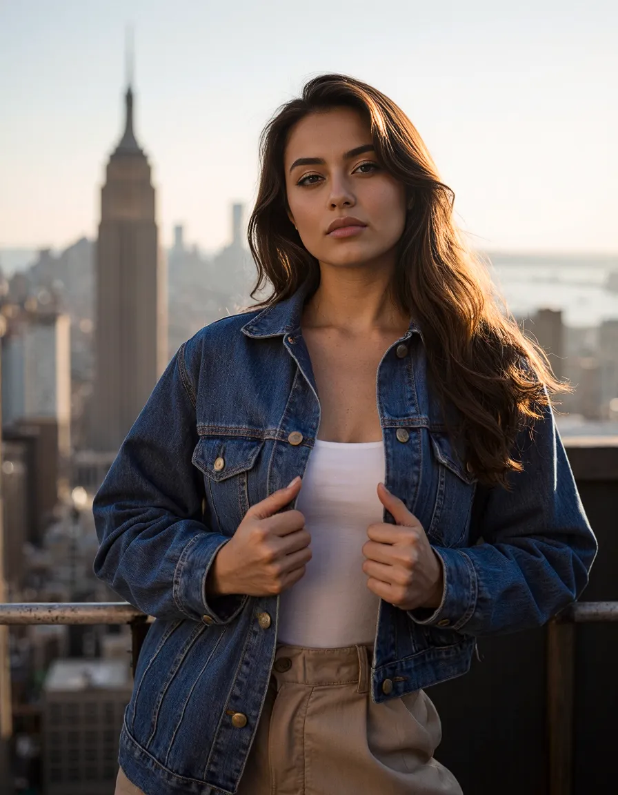 Portrait featuring denim jacket and white top against NYC skyline with Empire State Building at golden hour