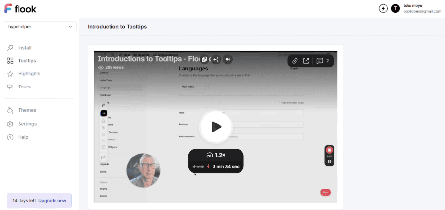 Flook's tooltip builder, with the walkthrough video available inside the app.