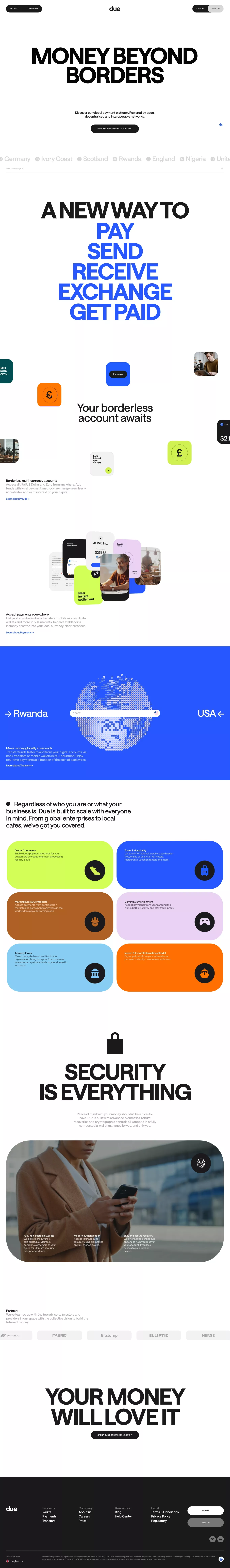 Due – Money beyond borders landing page screenshot showcasing Tech and Finance design