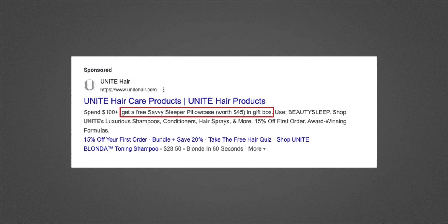 A screenshot of a sponsored UNITE Hair Google ad with a promotion for a free sleeper pillowcase highlighted.