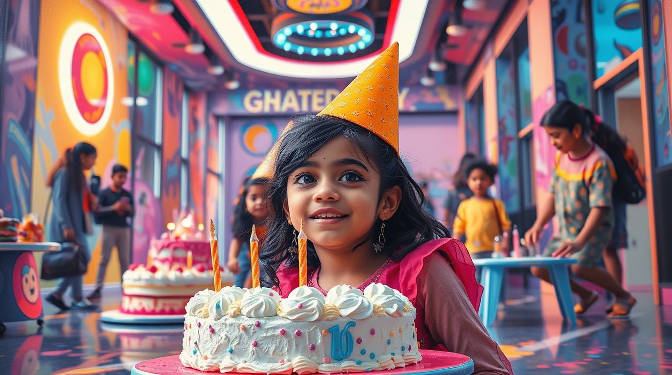 Birthday girl celebrating with cake and props after playing mystery escape games