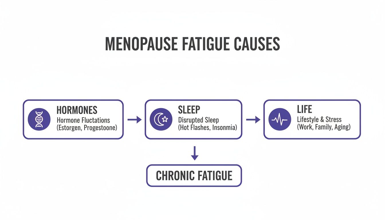 Infographic illustrating menopause fatigue causes: hormone fluctuations, disrupted sleep, and lifestyle stress leading to chronic fatigue.