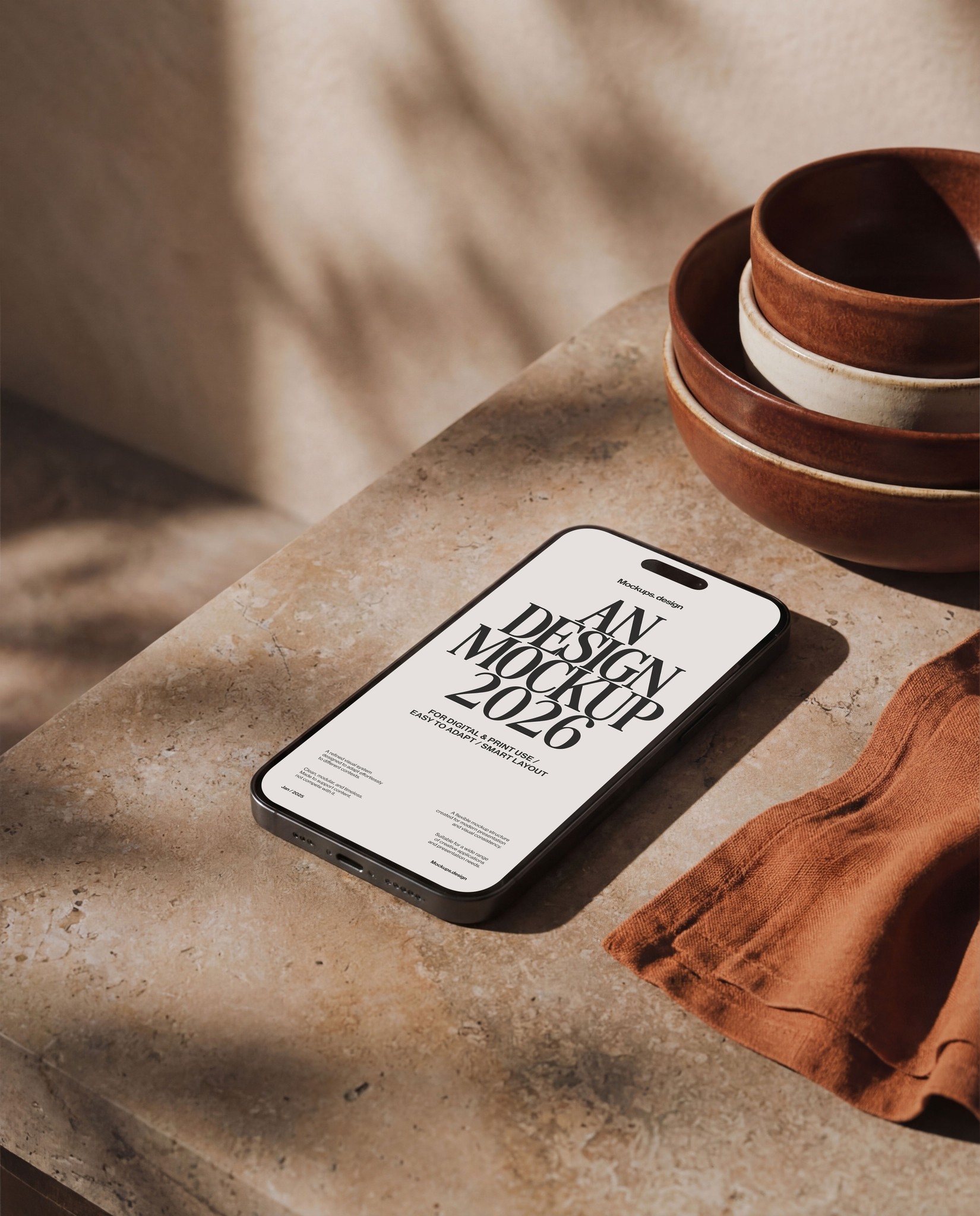 iPhone 16 mockup on table, casual home or office scene