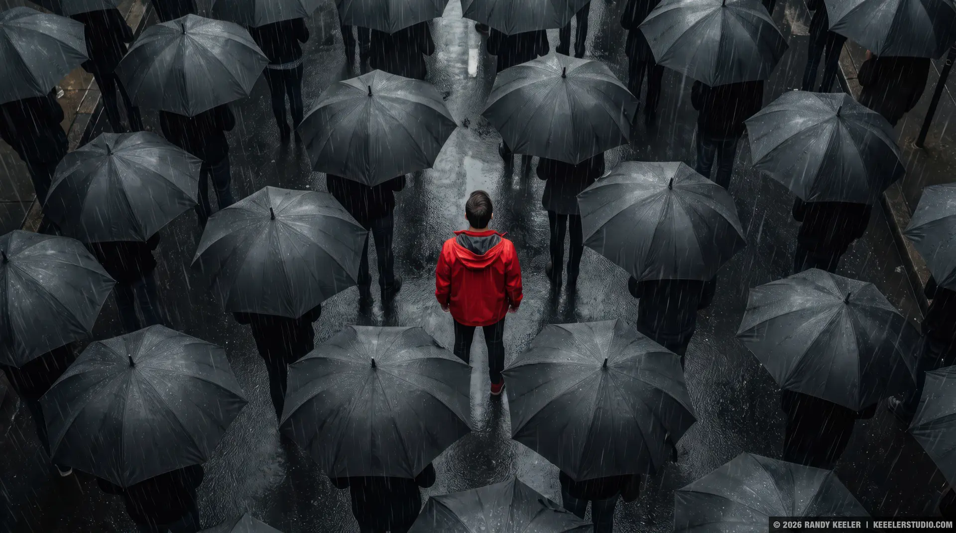 Isolated man surrounded by umbrellas
