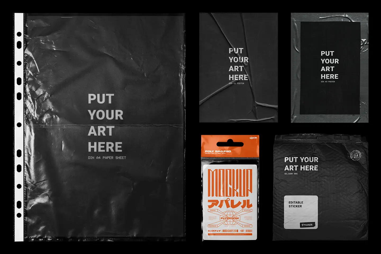 Flyerwrk Freebies Vault included assets preview with poster mockups packaging and design resources
