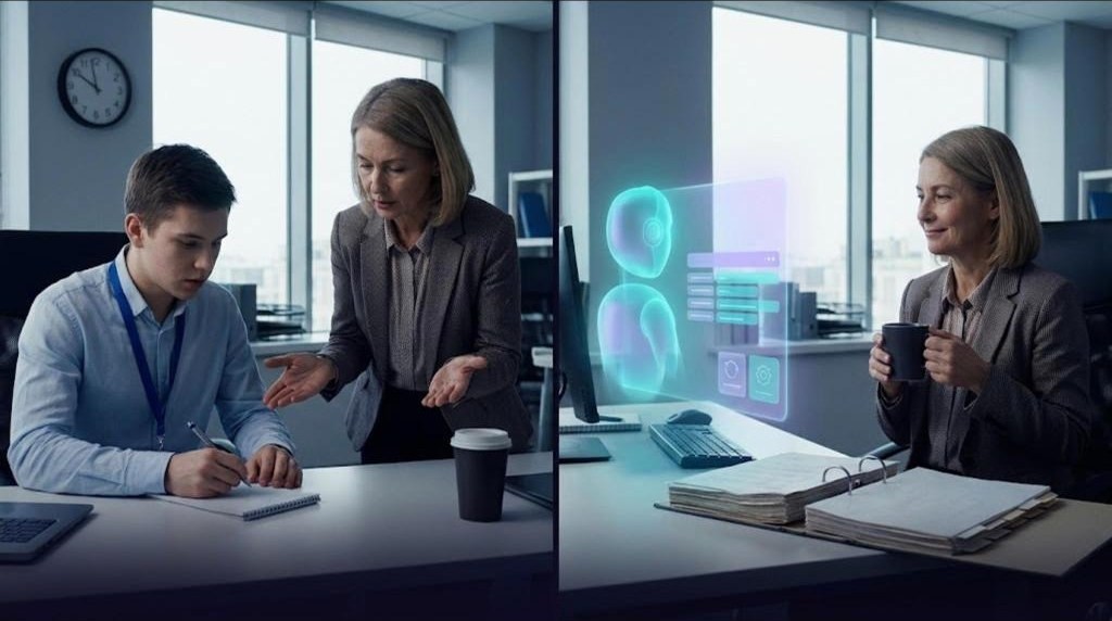 Split scene in an office. Left: an executive explains the job yet again to a puzzled new starter on his first day. Right: the same executive relaxes with her coffee while a trained AI assistant works from a binder of her preferences