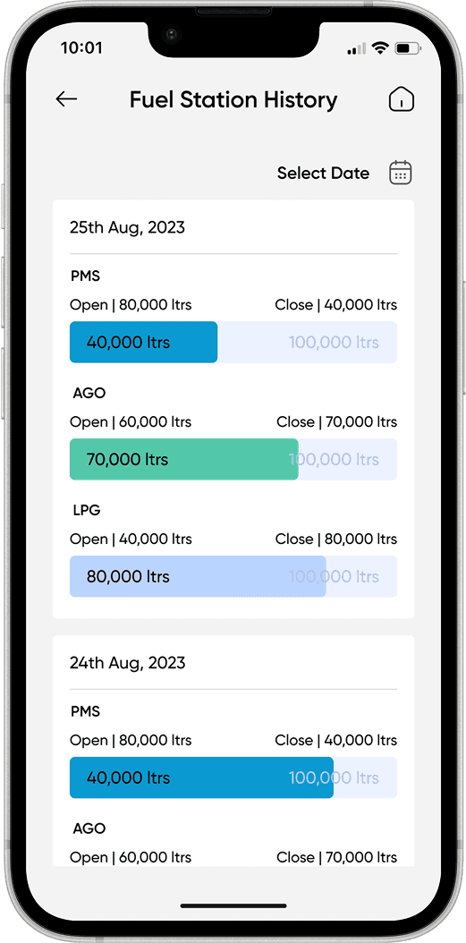 Fuel Depot Manager App — fuel station history
