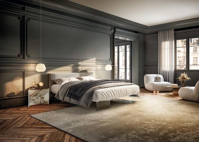 MW Interior Wohneinrichtung – elegantes Schlafzimmer in dunklen Tönen mit stimmungsvoller Beleuchtung und hochwertigen Möbeln
